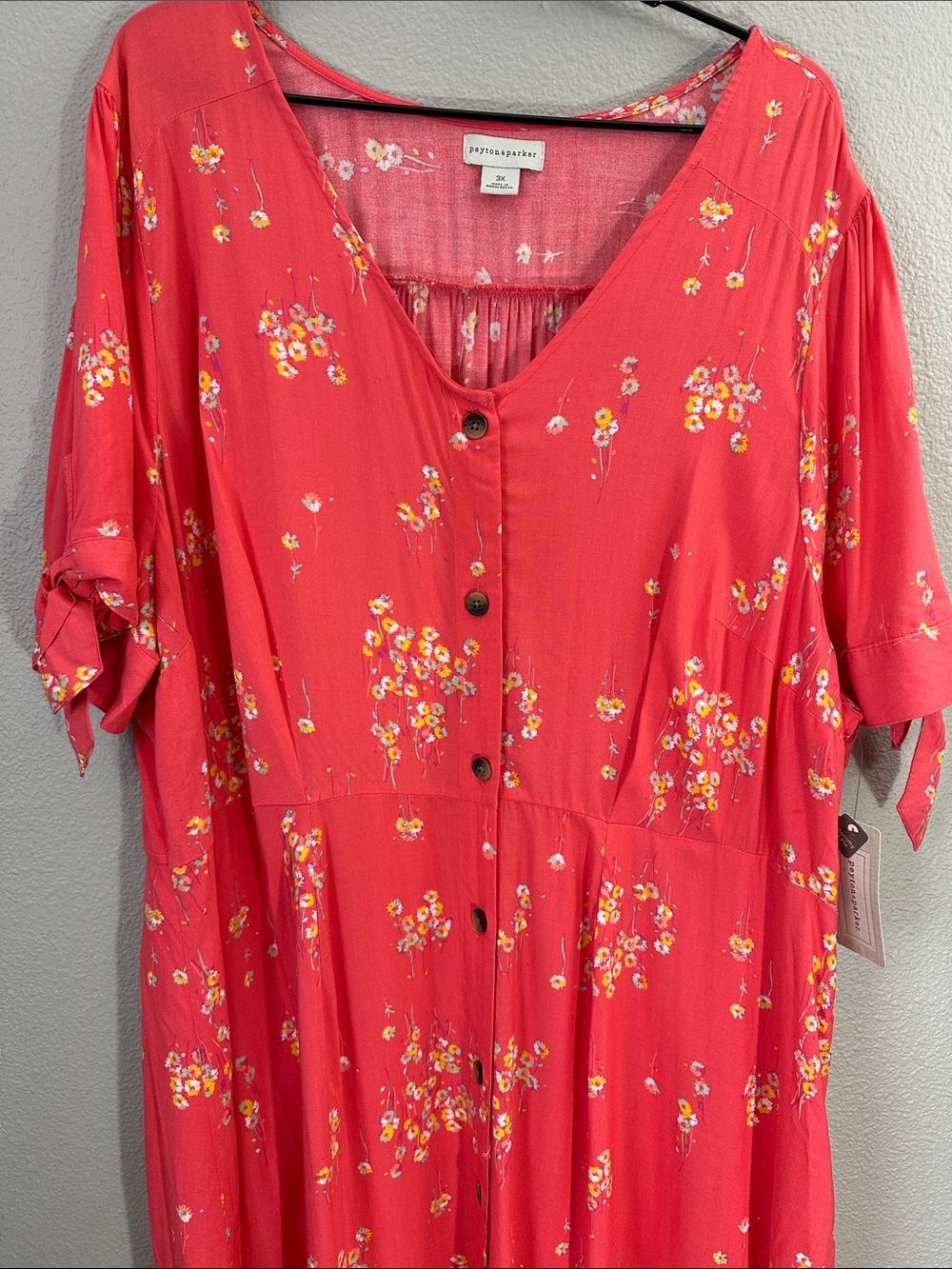 NWT Bright Coral Midi Dress with Little Yellow Flowers Button-Front 3x